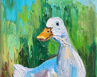 Eend, olieverfschilderij op canvas, impasto, origineel kunstwerk, boerderijdier, 6x8 inch, witte gans, wildleven.