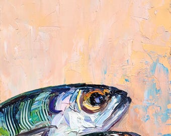 Sardine Oil Painting Original Fish Art Impasto Lemon Food Artwork Seafood Kitchen Wall Decor