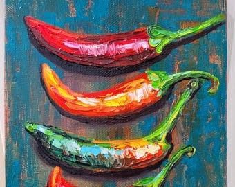 Chili Pepper Oil Painting: Kitchen Wall Art, Original Vegetable Canvas Artwork Red Hot Pepper