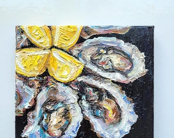 Oyster & Lemon Oil Painting on Canvas Impasto Original Art Coastal Kitchen Still Life