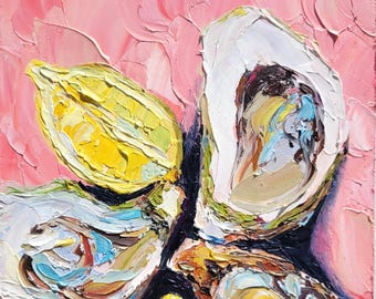 Oyster Shell and Lemon Oil Painting Original Coastal Seafood Artwork French Kitchen Wall Art