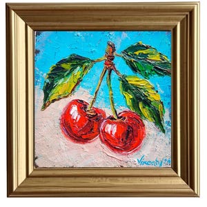 Cherry Painting Fruit Original Art Impasto Oil Painting 6x6 Cherries Still Life French Country Art Farmhouse Food Artwork Kitchen Wall Art