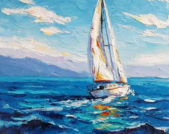 Sailboat Oil Painting Original Impasto Yacht Art Blue Ocean Seascape Coastal Wall Decor