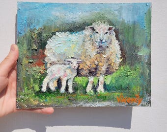 Mother Sheep & Lamb Oil Painting: Original Animal Artwork, 7x9 Rustic Home Decor, Nursery Wall Art