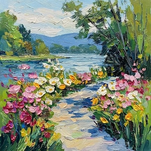 May include: Impasto oil painting of a serene landscape. A path leads through colorful flowers in shades of pink, white, and yellow, toward a blue lake and distant mountains. Lush green trees frame the scene under a bright sky.