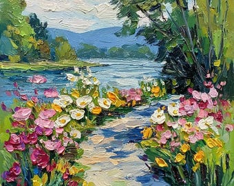 Mount Rainier Oil Painting Original Impasto Artwork Wildflower Lake Landscape Art Floral Nature Gift