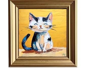 猫の油絵：面白いペットの肖像画 小さな壁飾り 厚塗り動物オリジナル