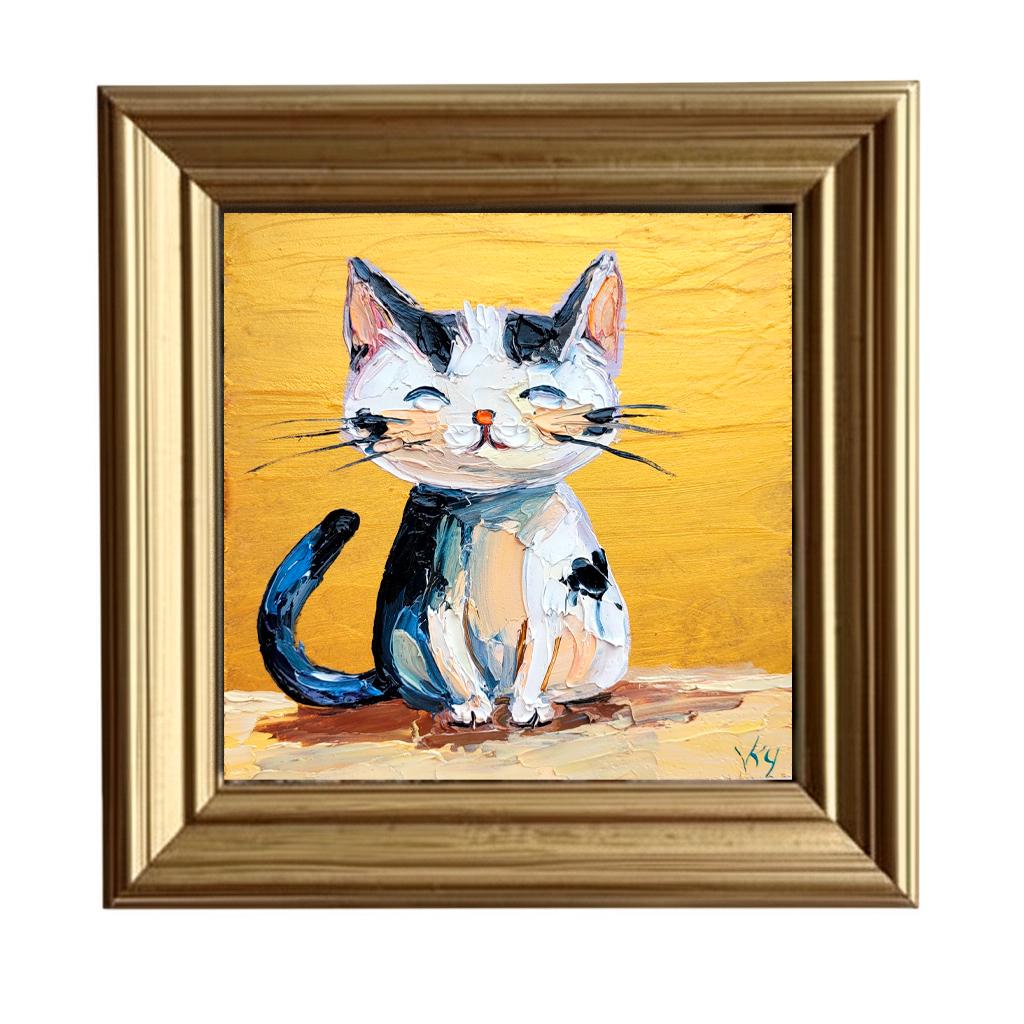 猫の油絵：面白いペットの肖像画 小さな壁飾り 厚塗り動物オリジナル