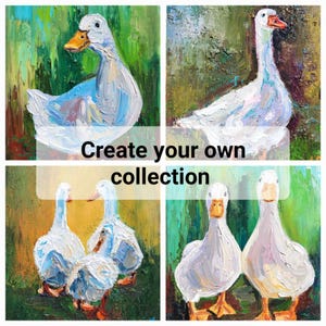 May include: Oil paintings of white ducks with blue and yellow accents against a green and brown background. The phrase "Create your own collection" is displayed in a white font.