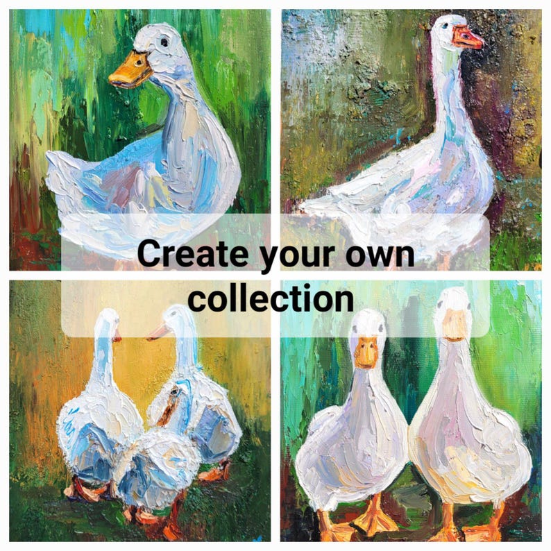 May include: Oil paintings of white ducks with blue and yellow accents against a green and brown background. The phrase "Create your own collection" is displayed in a white font.
