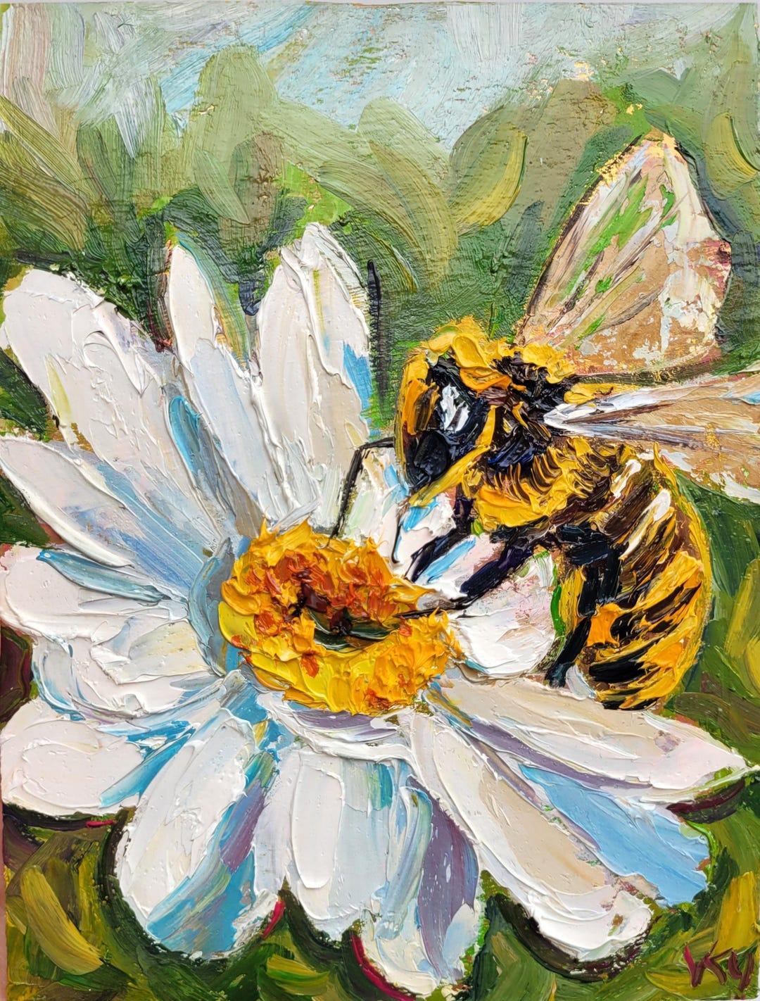 Honey Bee and Daisy Oil Painting Original Impasto Flower Art Bumble Bee ...