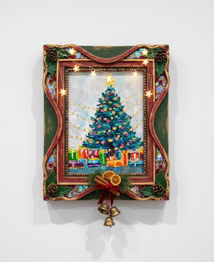 油彩画　Xmas tree Original Christmas Tree Oil Painting: Impressionist Holiday Decor