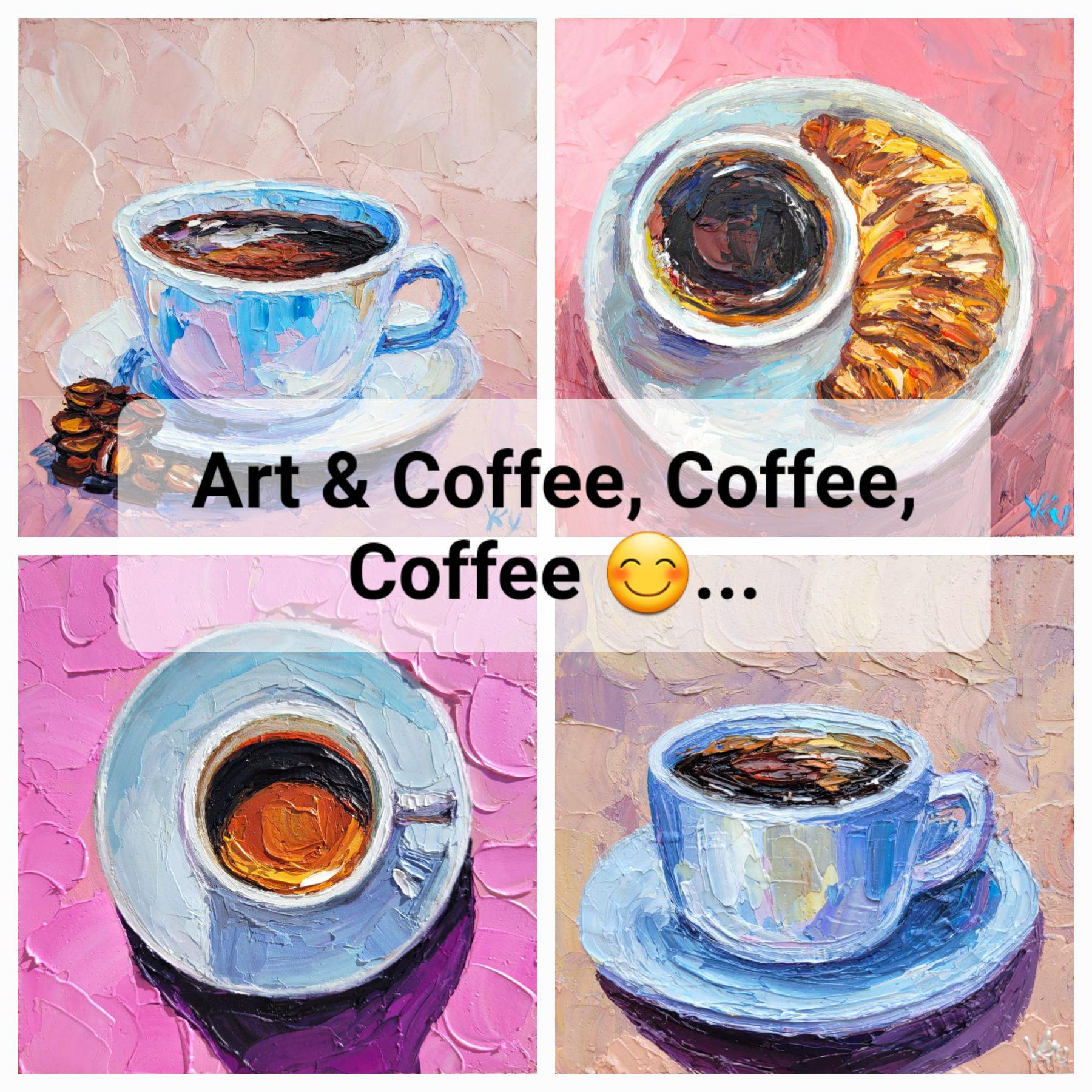 コーヒーカップの油絵オリジナルアートインパストキッチン静物画朝食