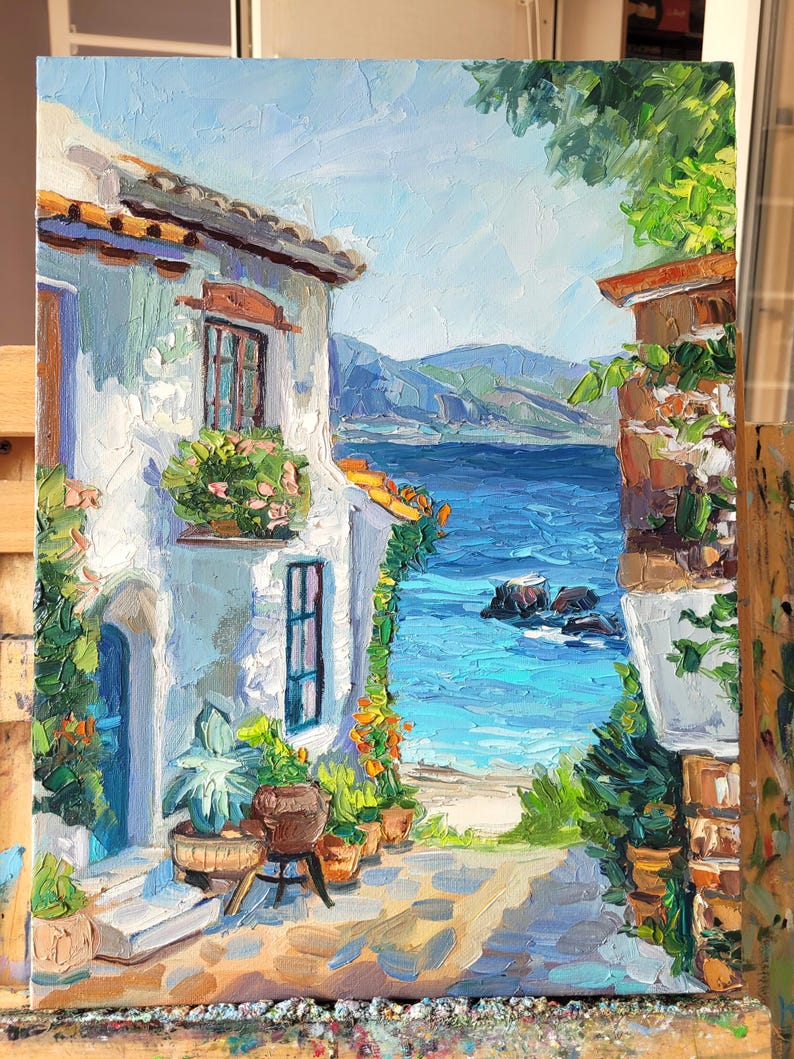 Santorini Greece Oil Painting Impasto Original Art Mediterranean Greek Island Wall Art 12x16