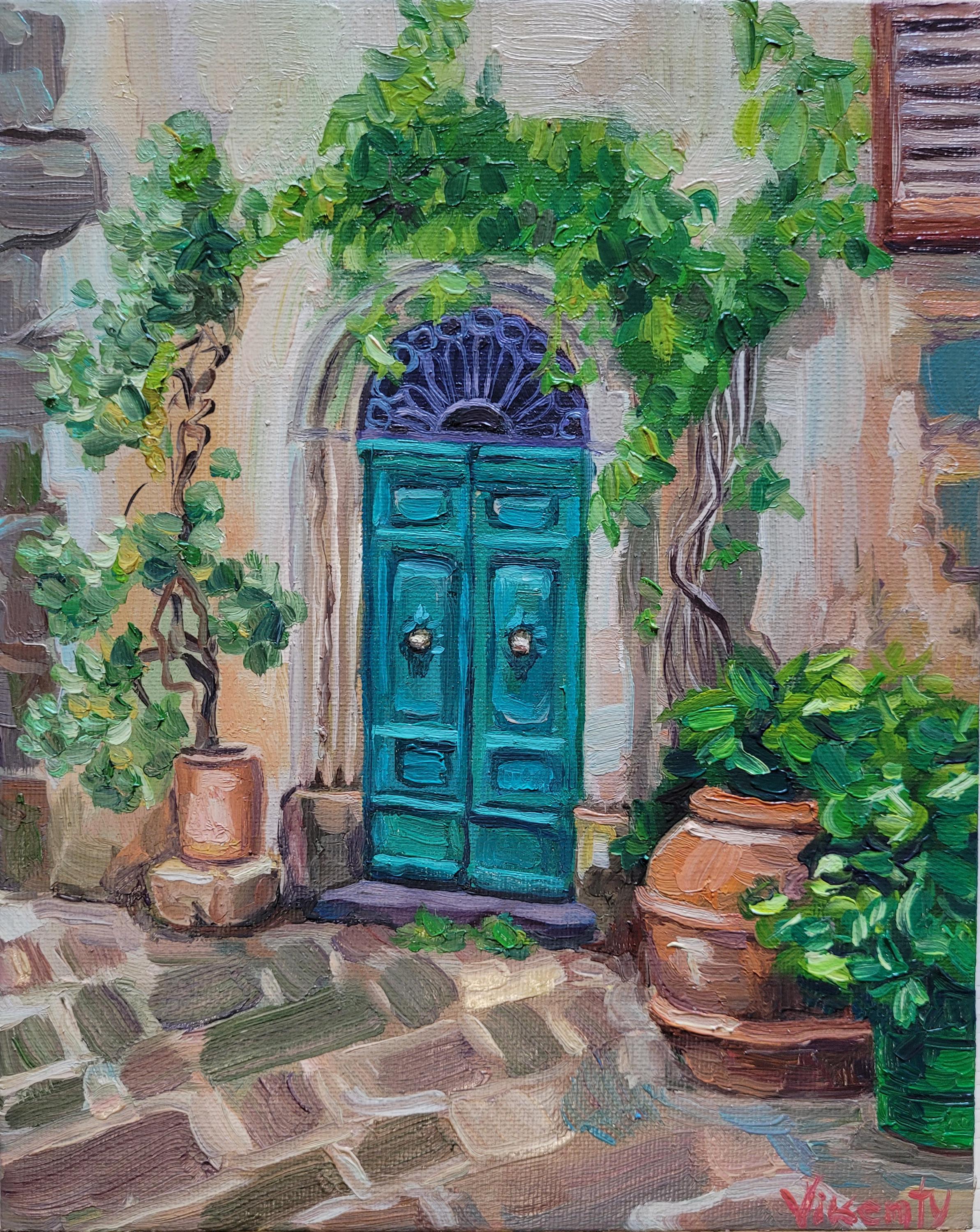 Italian Door Oil Painting Impasto Original Art Arcidosso Town