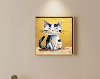 猫の油絵：面白いペットの肖像画 小さな壁飾り 厚塗り動物オリジナル