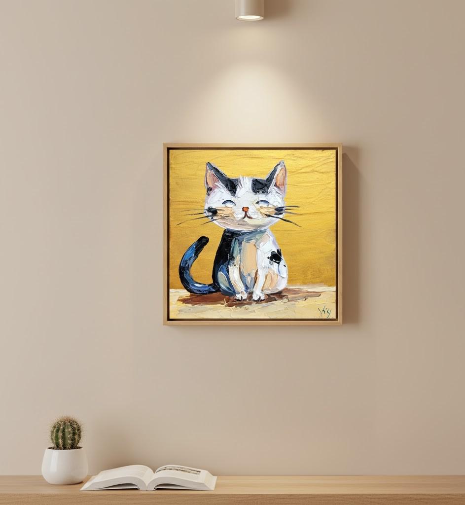 猫の油絵：面白いペットの肖像画 小さな壁飾り 厚塗り動物オリジナル