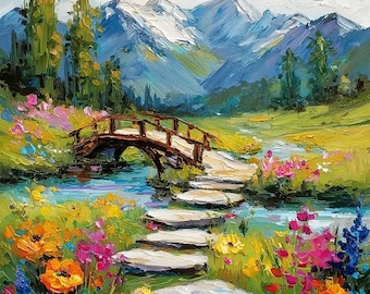 Zwitserse Alpen vallei brug olieverfschilderij origineel Impasto kunstwerk Oostenrijk muur decor bloemsierkunst