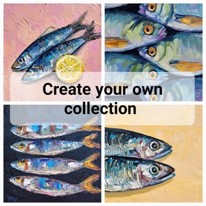 May include: A collection of four square paintings featuring oil paintings of fish. The paintings showcase sardines with blue and silver scales, and a lemon slice. The text "Create your own collection" is overlaid on the image.