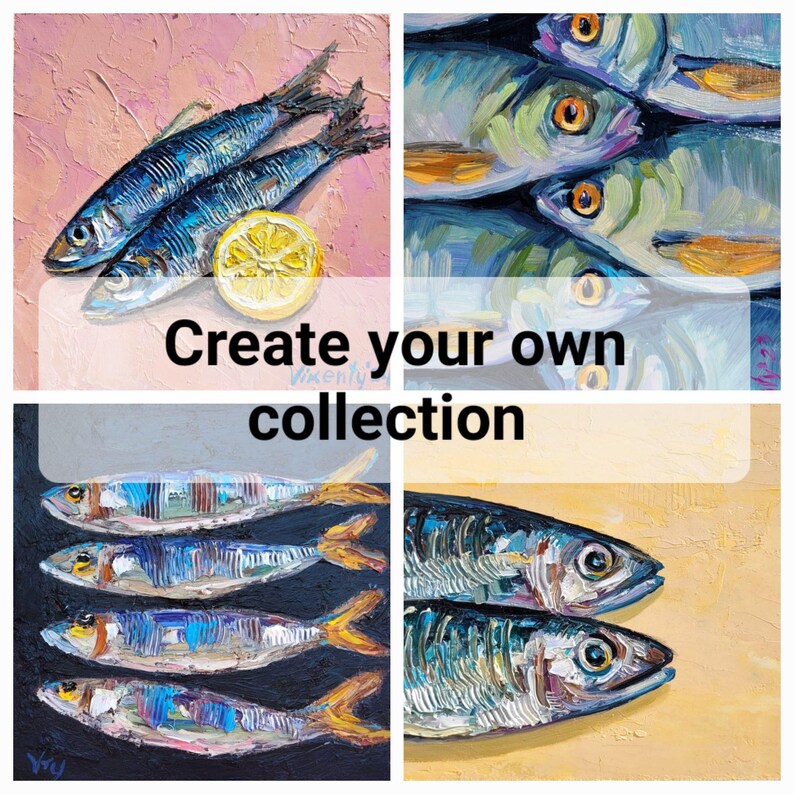 May include: A collection of four square paintings featuring oil paintings of fish. The paintings showcase sardines with blue and silver scales, and a lemon slice. The text "Create your own collection" is overlaid on the image.