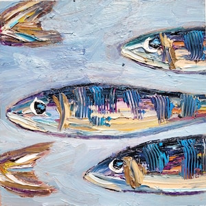 A painting of three fish swimming in a blue and white background. The fish are painted in a realistic style with detailed scales and fins. The painting is done in a thick, impasto style, giving it a textured look.