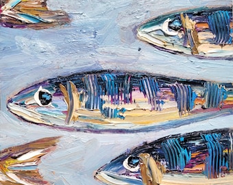 Sardine Oil Painting: Original Art Seafood Still Life Impasto Fish Artwork, Coastal Kitchen Decor