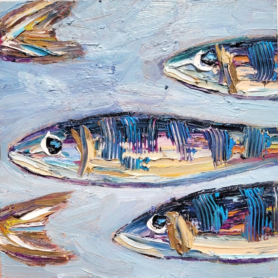 Sardine Oil Painting: Original Art Seafood Still Life Impasto Fish Artwork, Coastal Kitchen Decor