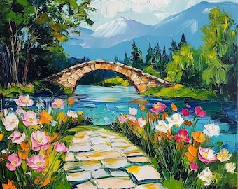 Alpensee Ölgemälde Original Art Impasto Tulip Garten Stein Brücke Berge