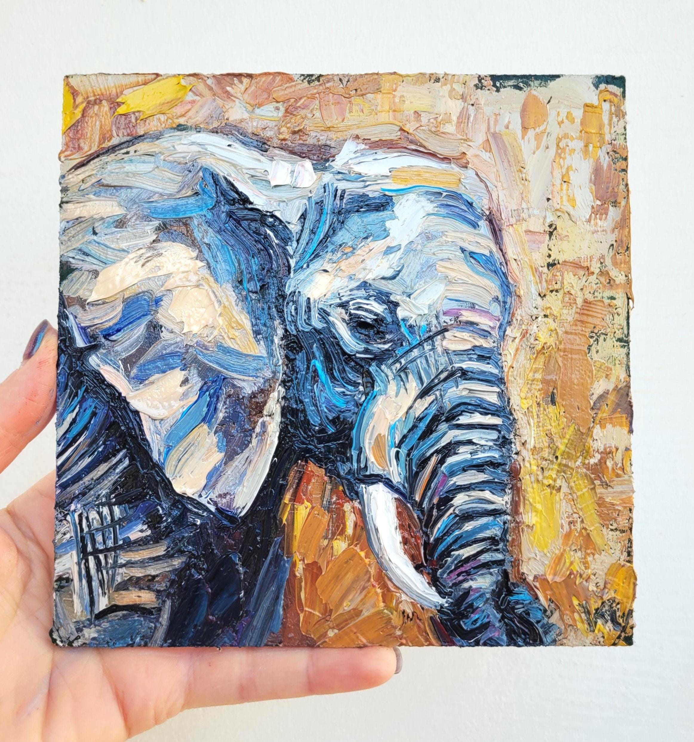 Elephant Oil Painting Impasto Original Art 6x6 Wildlife Animal