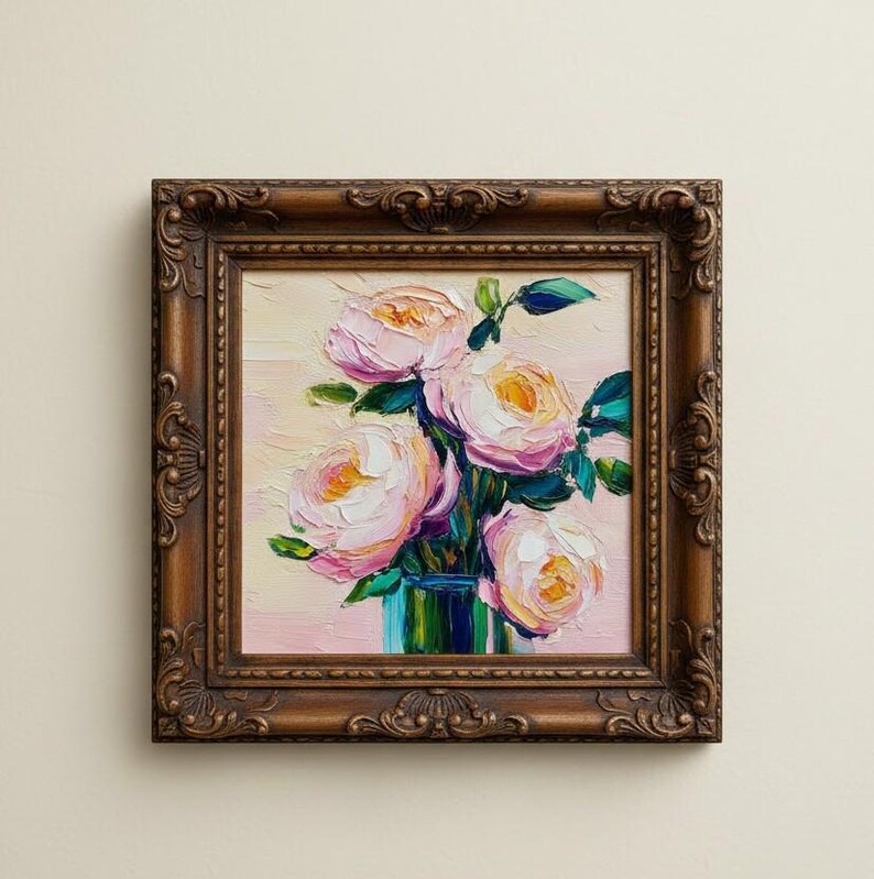 Pink Peony Oil Painting Original Art Impasto Floral Bouquet 3D Palette ...