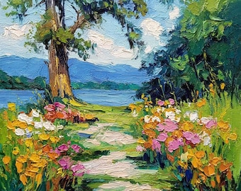 Pacific Northwest Landscape Oil Painting Original Impasto Wildflower River Artwork Wall Art