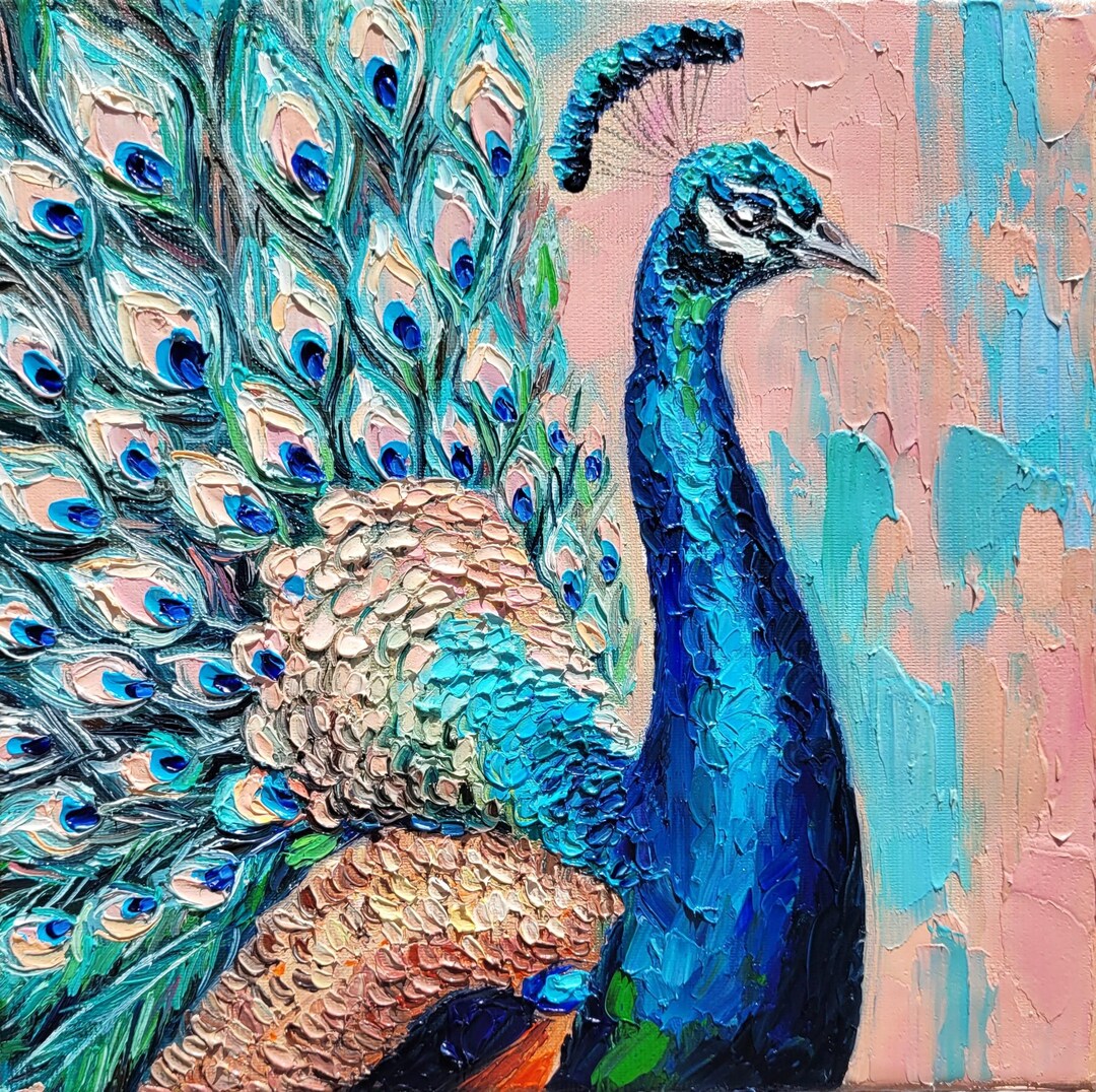キャンバスに描かれた孔雀の油絵：オリジナルのエキゾチックな鳥の