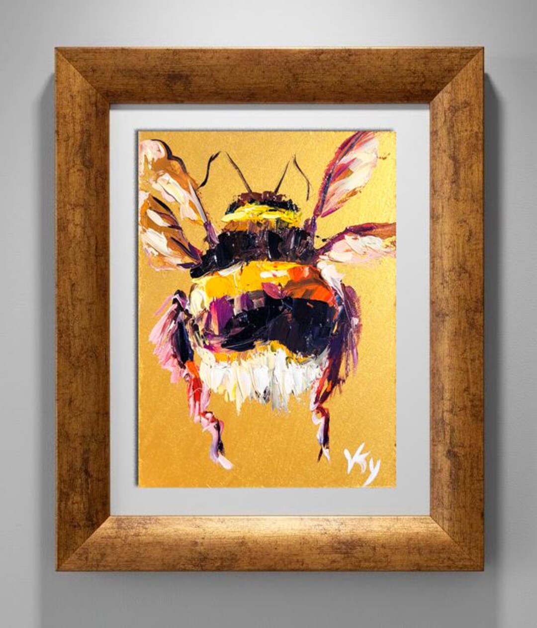 Bumble Bee Oil Painting Original Bee Art Gold Background Insect Decor ...