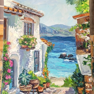May include: An oil painting on canvas depicting a Mediterranean coastal scene with a white stucco building, vibrant pink flowers, green potted plants, and a stone patio overlooking a deep blue sea with distant mountains under a bright sky.