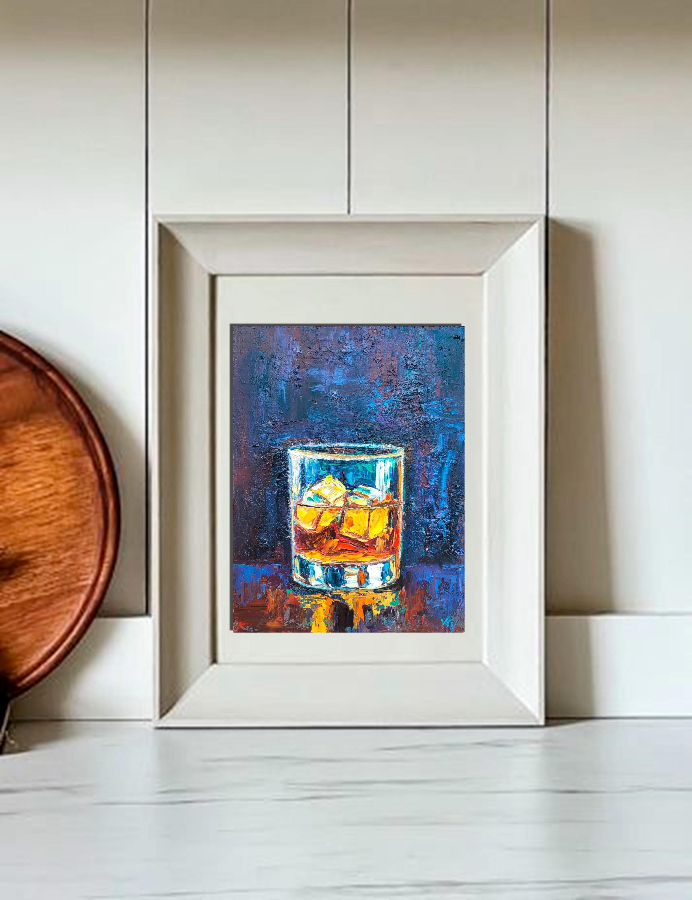 ウイスキーグラスの油絵 オリジナルアート キッチン静物画 素朴な