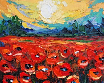 Red Poppy Field Oil Painting Impasto Original Floral Art Small Wildflower Meadow Landscape Art