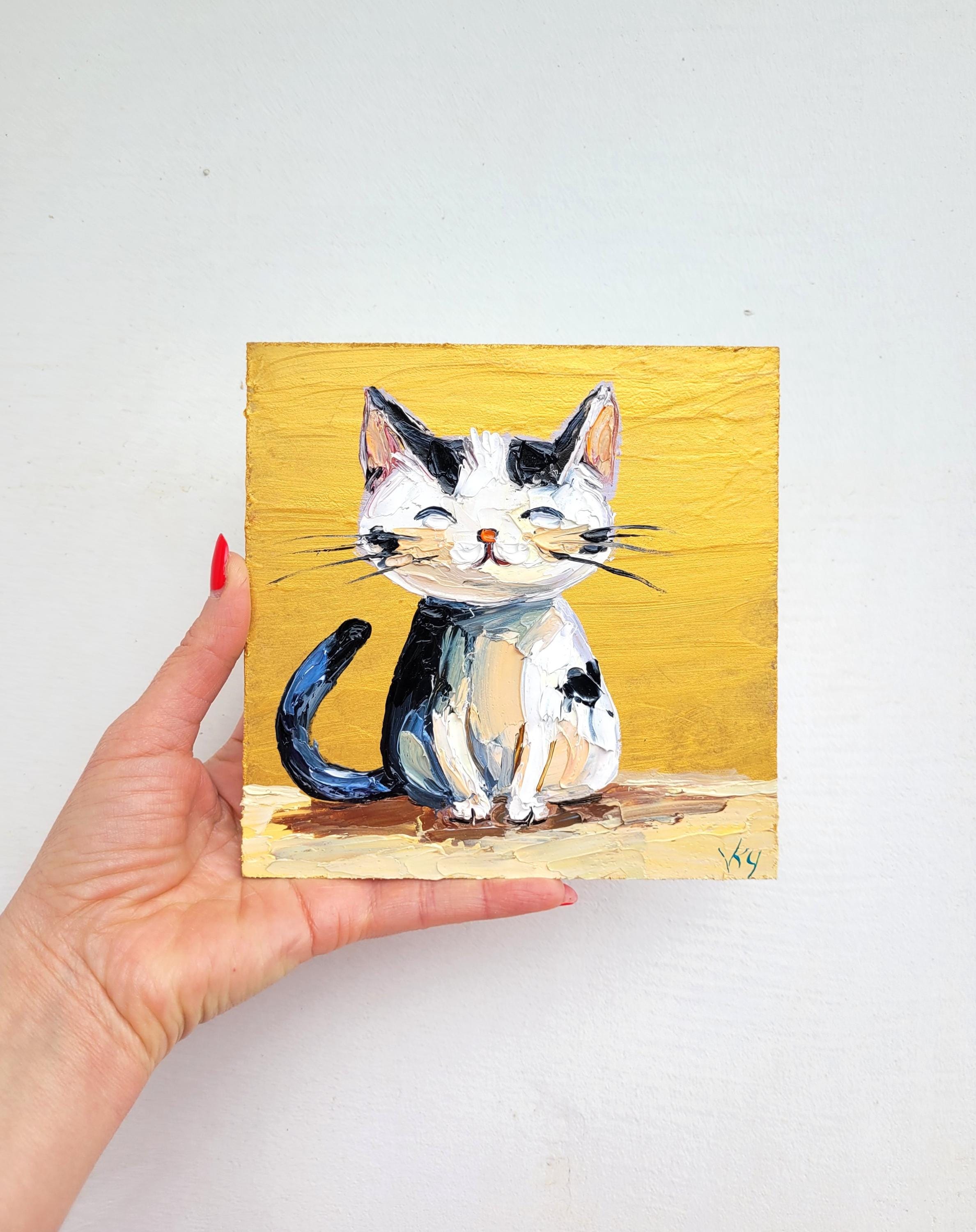 猫の油絵：面白いペットの肖像画、小さな壁飾り、厚塗りの動物の