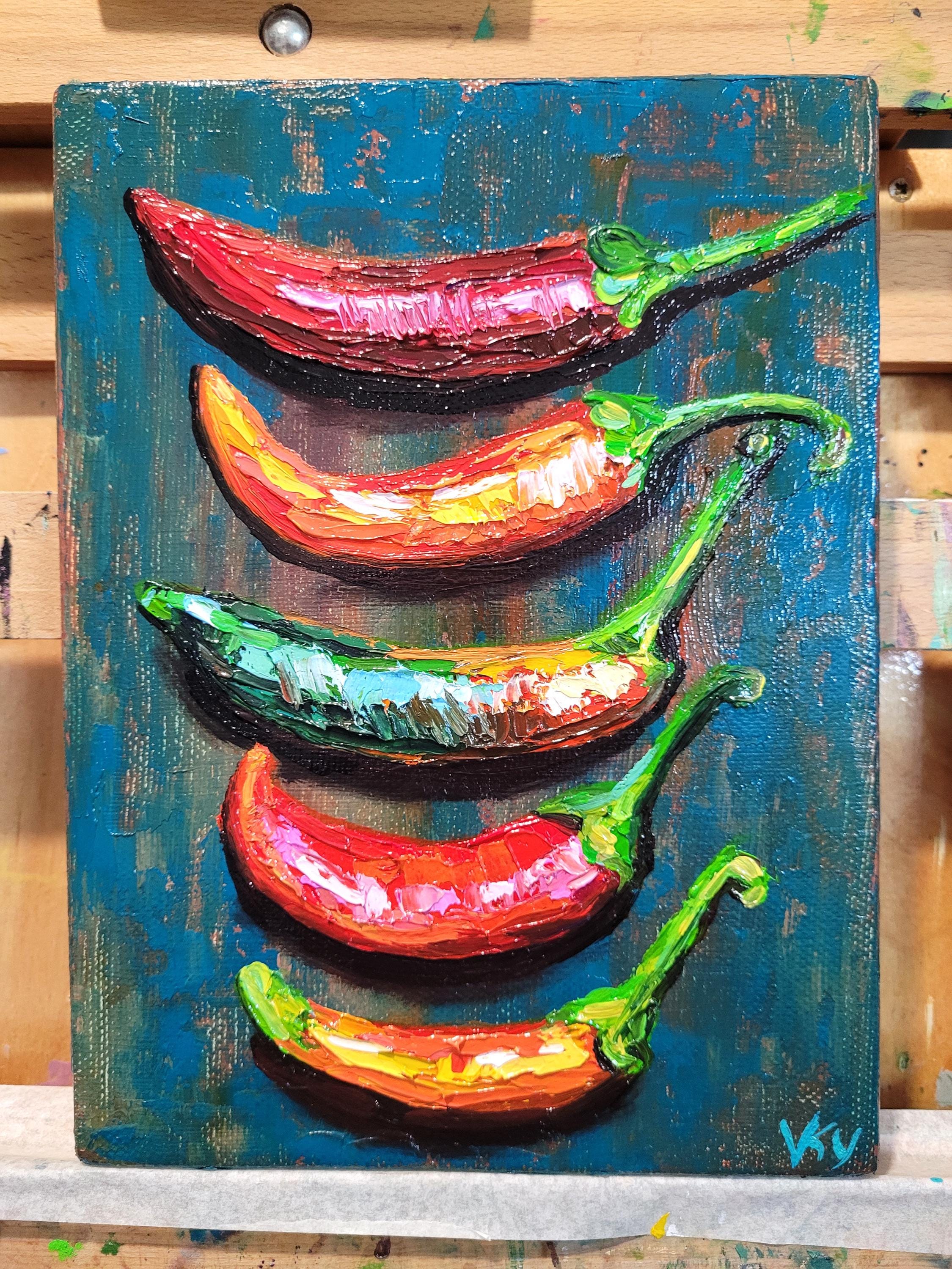 Chili Pepper Oil Painting: Kitchen Wall Art, Original Vegetable