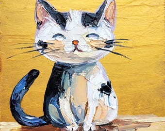 Pintura al óleo de gato: retrato divertido de mascota, decoración de pared pequeña, arte original de animales empasteados