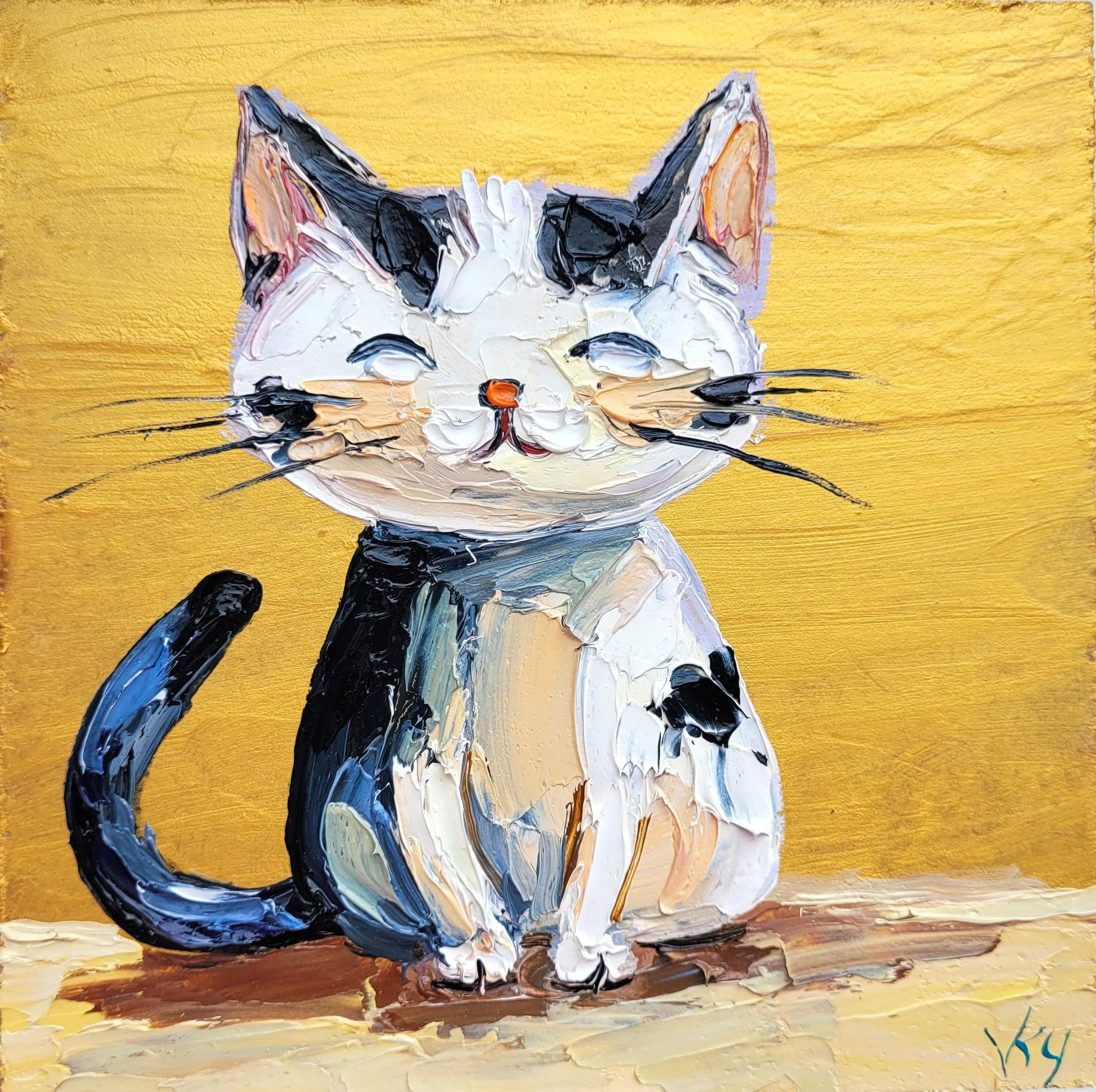 猫の油絵：面白いペットの肖像画 小さな壁飾り 厚塗り動物オリジナル