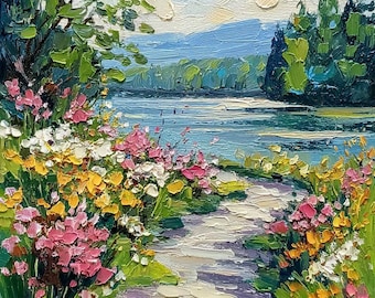 Op de afbeelding: Een olieverfschilderij met een getextureerd landschap en een pad dat naar een blauw meer leidt. De voorgrond is gevuld met dikke impasto-streken van roze, gele en witte bloemen, terwijl groene bomen en verre bergen het water omlijsten.