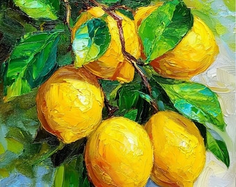 May include: An oil painting featuring a cluster of bright yellow lemons hanging from a brown branch with vibrant green leaves. The artwork uses thick, textured brushstrokes to create depth and light, showcasing the round fruit against a light background.