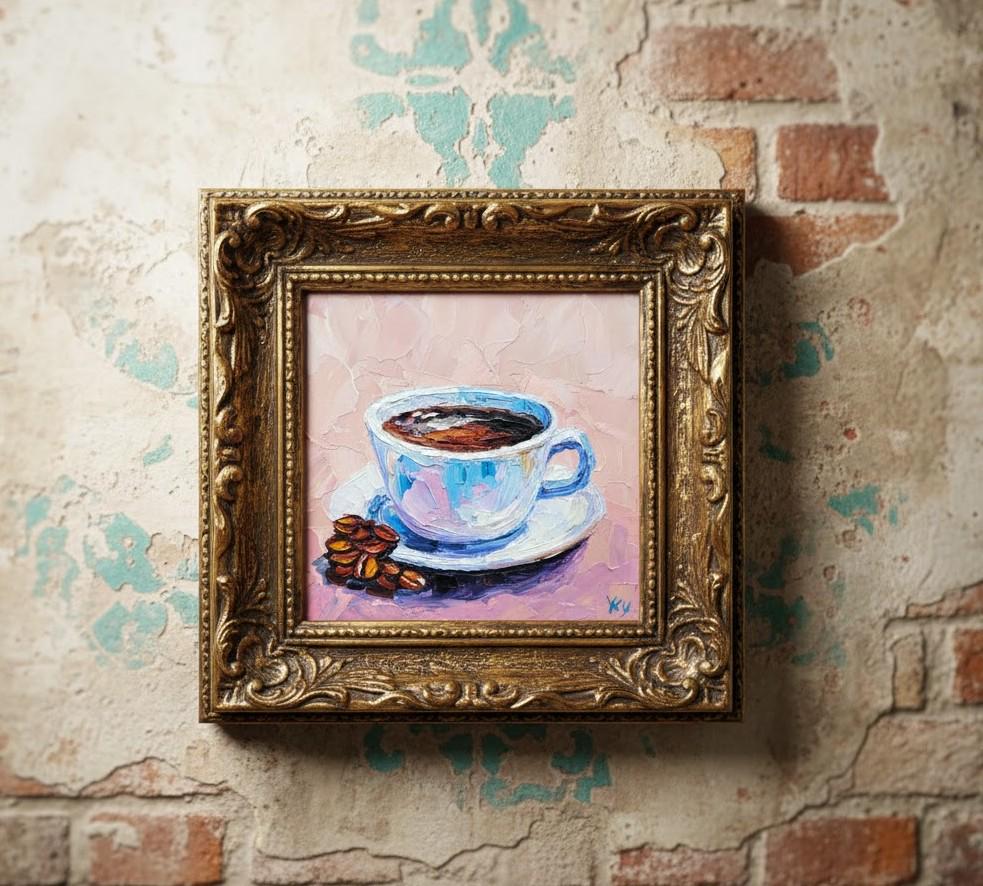 コーヒーカップの油絵オリジナルアートインパストキッチン静物画朝食