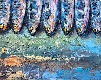 Sardine Fish Oil Painting Impasto Original Art Seafood Kitchen Wall Art Coastal Still Life