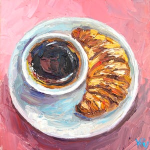 Coffee Cup Painting Croissant Painting Original Kitchen Wall Art Impasto Oil Painting Coffee Bar Art Food Painting Dessert Small Artwork