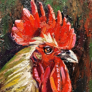 Rooster Painting Farmhouse Decor Country Original Artwork Small Impasto Oil Painting Chicken Rustic Painting Bird Farm Animal Wall Art