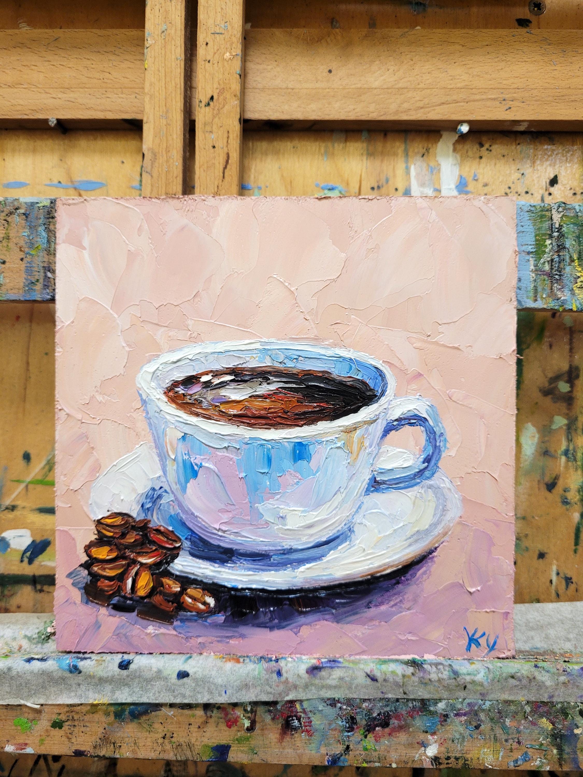コーヒーカップの油絵オリジナルアートインパストキッチン静物画朝食