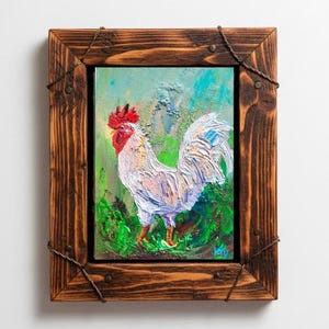 Pintura al óleo de gallo empastada, arte original de cocina de granja, obra de arte de VibrantArtHouse