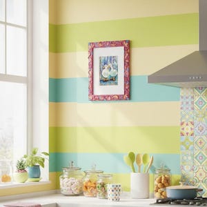 May include: A kitchen with a colorful striped wall in shades of green, yellow, and blue. A framed picture of ducks hangs on the wall. Glass jars with various contents sit on the countertop, along with a mug and cooking utensils.