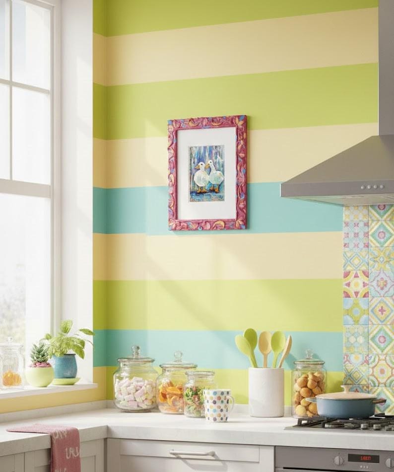 May include: A kitchen with a colorful striped wall in shades of green, yellow, and blue. A framed picture of ducks hangs on the wall. Glass jars with various contents sit on the countertop, along with a mug and cooking utensils.